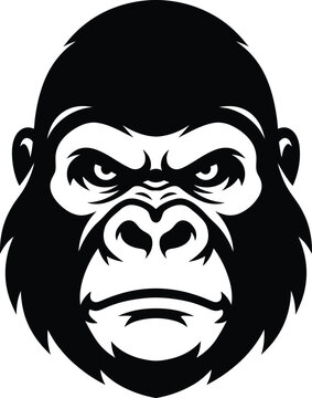 Intense gorilla face black and white vector illustration