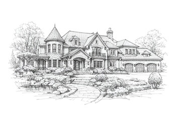 Detailed architectural sketch of a large estate with landscaped grounds © sarmin