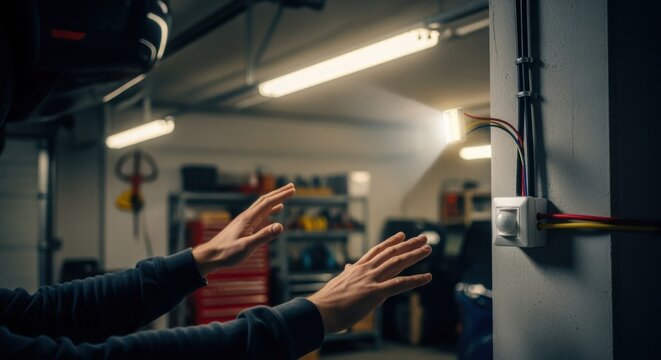 Footage of testing a newly wired motion sensor switch in a garage lights activating as motion is detected for handsfree operation.