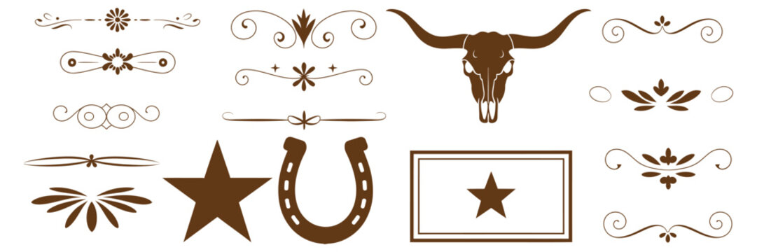 western vintage decorative borders with rustic dividers, frames, horseshoe ornaments and classic graphic design vector illustration.