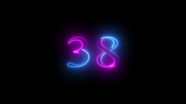 Modern glowing blue and pink neon number 38, Motion graphics of text 38 number icon on a black background 4k video.
