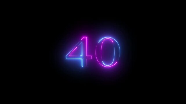 Modern glowing blue and pink neon number 40, Motion graphics of text 40 number icon on a black background 4k video.