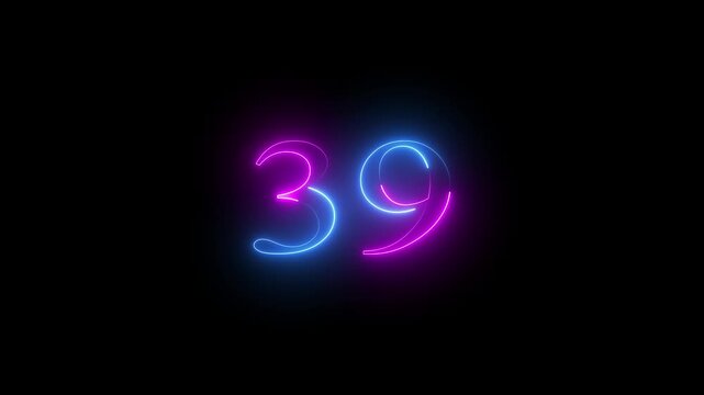 Modern glowing blue and pink neon number 39, Motion graphics of text 39 number icon on a black background 4k video.