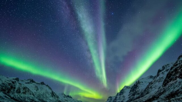 Aurora borealis dancing over snow covered mountains for nature and travel content
