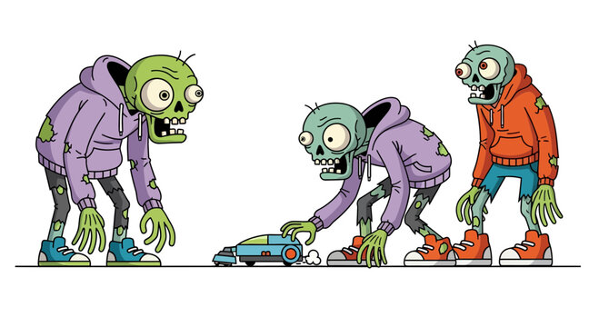 Cartoon Zombies in Hoodies Playing with Toy Car Vector Illustration