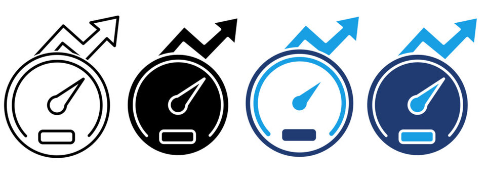 Website speed optimization speedometer icon set with upward growth arrow. Symbol of high performance, fast loading, page boost, SEO ranking, bandwidth test, efficiency, and business progress.