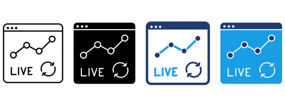 Live data analytics web dashboard icon with line chart and refresh arrows. Symbol of real-time monitoring, business tracking, online performance, data update, reporting, and web traffic insights.