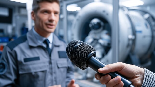 Space program director speaking with a journalist's microphone extended while astronaut centrifuge training happens behind. Concept of space program news interview.