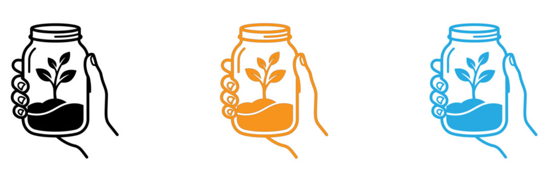 Three colorful hand-drawn bottles with natural ingredients icon set isolated on transparent background, Vector