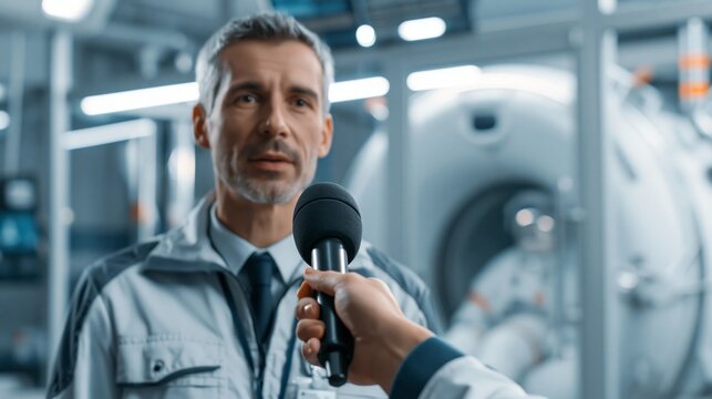 Space program director speaking with a journalist's microphone extended while astronaut centrifuge training happens behind. Concept of space program news interview.