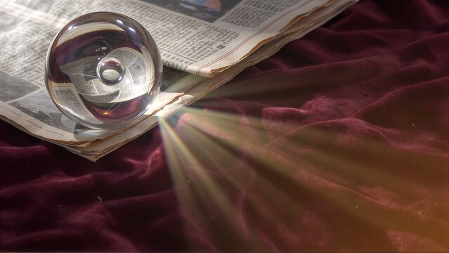 Crystal ball rests on old paper, sunlight beams through velvet fabric.