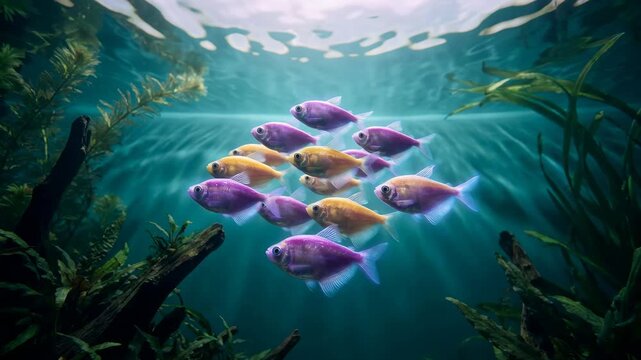 Colorful school of fish swimming underwater in aquatic environment for nature and wildlife content