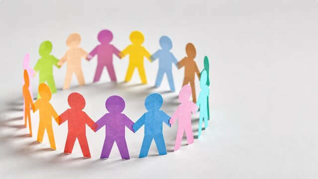 Vibrant paper cutouts of individuals joining hands in a circle symbolizing togetherness inclusivity and community essence perfect for projects and visuals focused on social themes and collaboration
