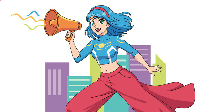 Vibrant anime style illustration of a blue-haired girl running and shouting through an orange megaphone in a city.