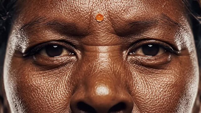 Close-up extreme portrait of an elderly South Asian woman's face, focusing on her expressive eyes