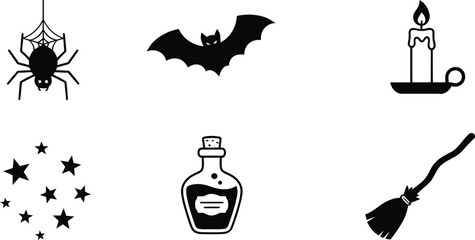 Fototapeta premium Collection of magical halloween symbols including spider web bat candle stars potion and broom