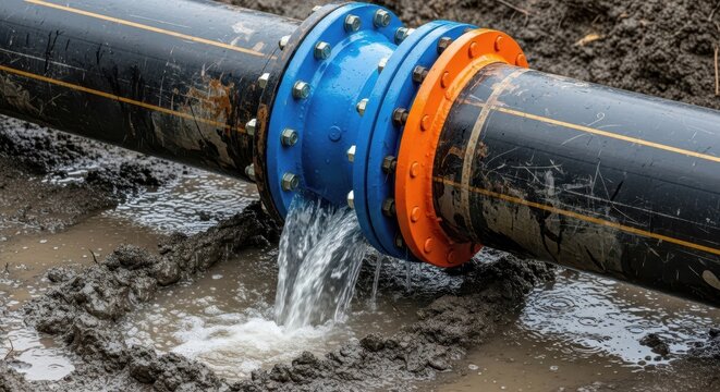 Large Industrial Water Pipe Leaking at Flange Connection in Muddy Construction Site Trench