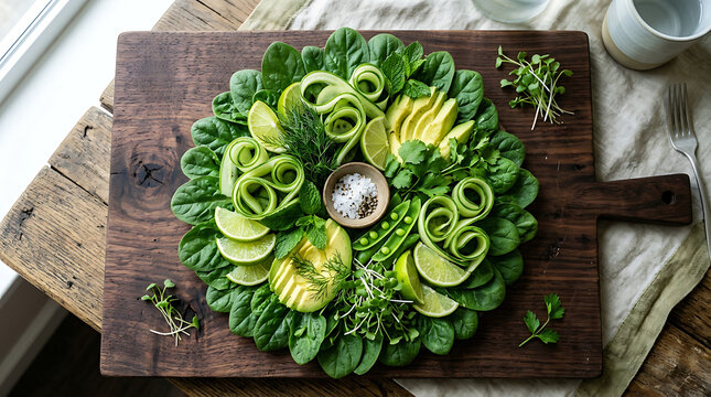 Vibrant Circular Arrangement of Fresh Green Ingredients Showcasing Healthy Food Preparation