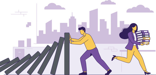 Fototapeta premium Businessman struggling to hold falling dominos while a businesswoman rushes past with a heavy stack of office files in a minimalist flat style.