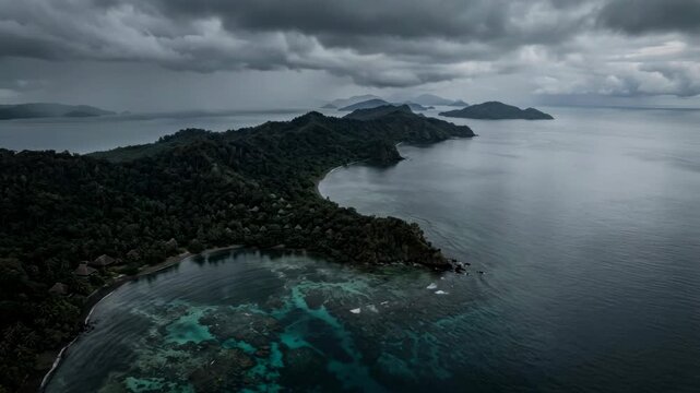 Tropical island coastline aerial view under stormy clouds for nature and travel content