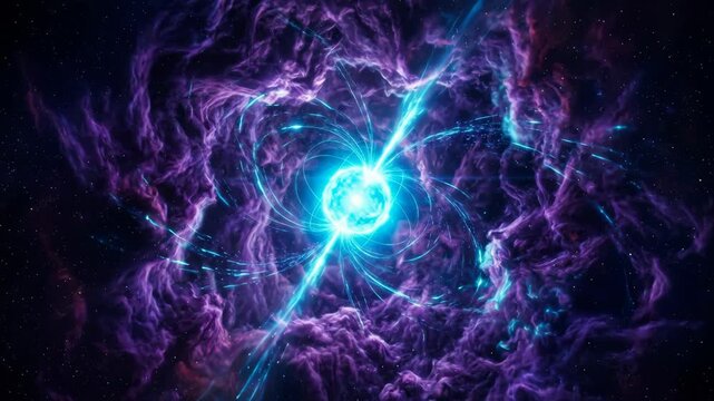 Neutron star pulsar rotating with glowing magnetic field lines in deep space for science and astronomy content