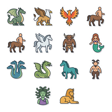 Colorful Mythical Creatures and Fantasy Characters Illustration.