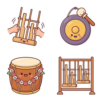 Cute kawaii Indonesian traditional musical instruments set with angklung played by hand gong gong ageng gamelan kendang drum with flower garland vector illustration
