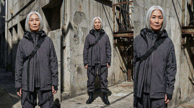 Silver-Haired Asian Elder in Techwear Editorial Portrait in Concrete Alley