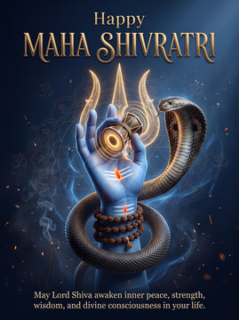 Digital illustration of divine hand holding sacred snake with glowing third eye for spiritual festival celebration with evoking sense divine energy spiritual celebration