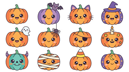 Fototapeta premium Halloween Themed Cartoon Pumpkin Faces Characters.