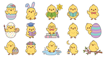 Fototapeta premium Cute cartoon chicks with various playful accessories.