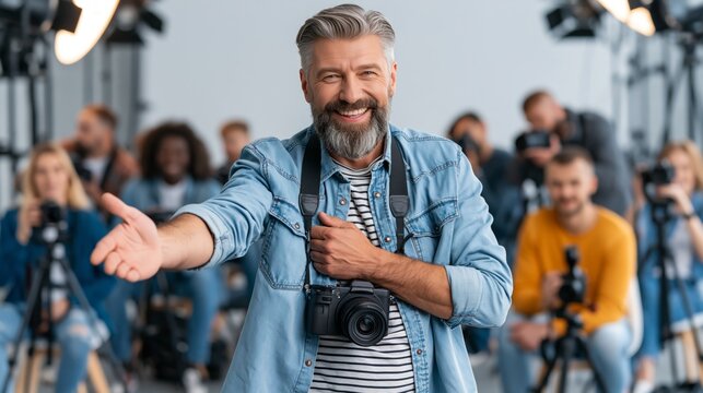 Master photographer in a welcoming pose with students and cameras in a studio behind. Concept of photography masterclass.