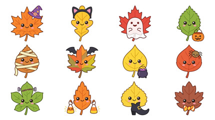 Naklejka premium Cute Cartoon Leaf and Pumpkin Halloween Characters.