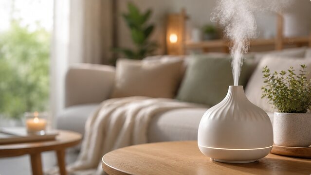 Stylish home interior featuring an essential oil diffuser gentle lighting and inviting textures that foster a serene atmosphere in a contemporary living area