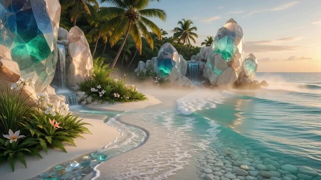Fantasy Tropical Beach with Giant Glowing Crystals and Cascading Waterfalls at Golden Sunset Hour