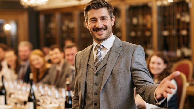 Master sommelier in a welcoming pose with students at a tasting table in a cellar behind. Concept of wine masterclass.