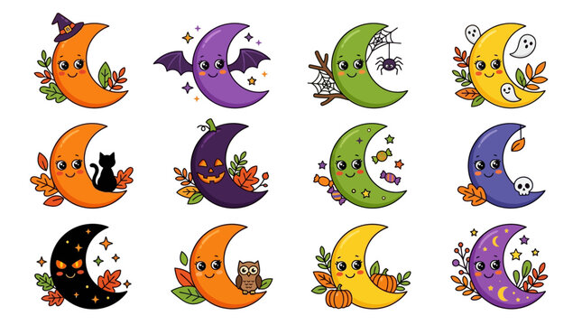 Halloween Themed Colorful Cartoon Moon Faces.