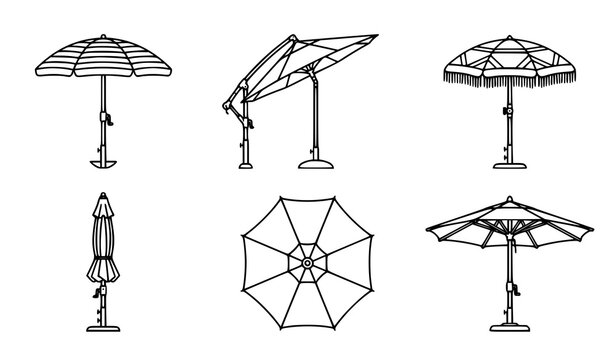 Beach umbrella vector line art icon set with various open tilted and top down summer parasol styles