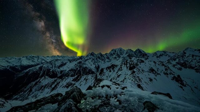 Aurora borealis swirling and shifting over snow-capped mountains at night for nature and travel content