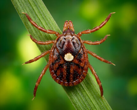 Close-up of a lone star tick poised on the tip of a blade of grass, ready to latch onto passing prey. Captured in a natural outdoor environment with dramatic lighting, sharp macro detail, and a shallo