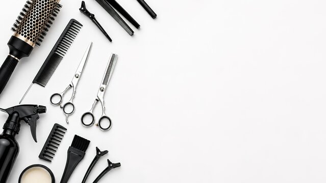A collection of professional hairdressing tools and accessories displayed on a clean white background featuring brushes combs scissors and a spray bottle ideal for salon use and effective hair care
