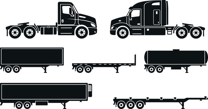 Commercial Semi Truck and Cargo Trailer Vector Silhouette Icon Set Featuring Day Cab Sleeper Tractor Box Reefer Tanker Flatbed and Chassis Logistics Graphics