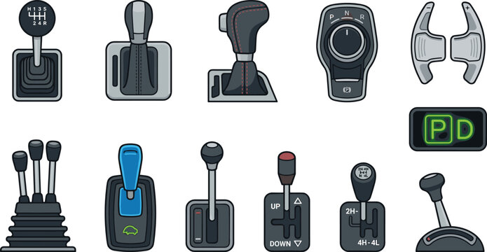 Car Gear Shifter Icon Set with Manual Transmission Stick Automatic Shifter Paddle Shifters Rotary Dial and 4WD Lever Vector Graphic Elements