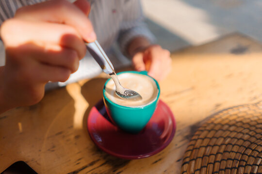A cup of foamy cappuccino in cafe  Greece 