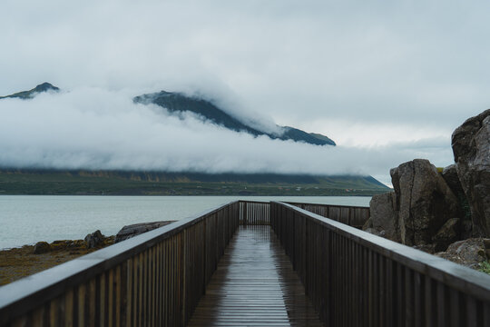 Wooden boardwalk near the bay in Iceland 