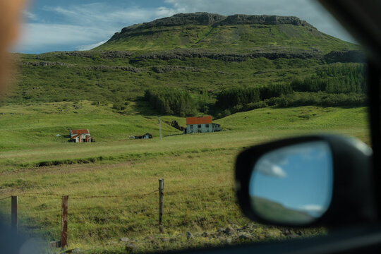View from the car on Icelandic countryside 