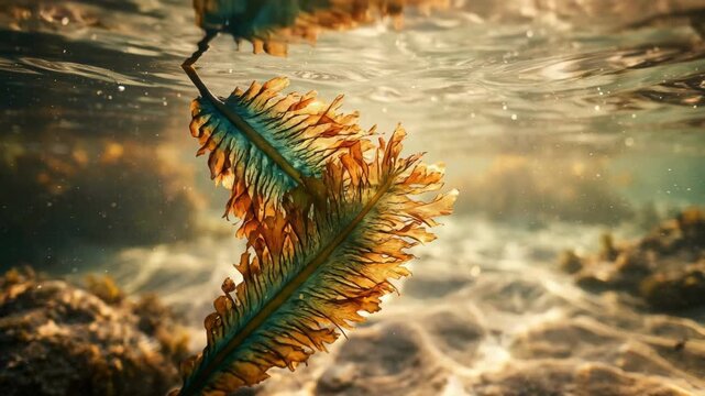 Kelp frond swaying underwater in shallow ocean for nature and marine content