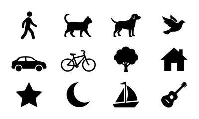 Fototapeta premium Simple Black Icons Set: Human, Cat, Dog, Bird, Car, Bike, Tree, House, Star, Moon, Sailboat, Guitar. Vector Graphics for Web and Print.