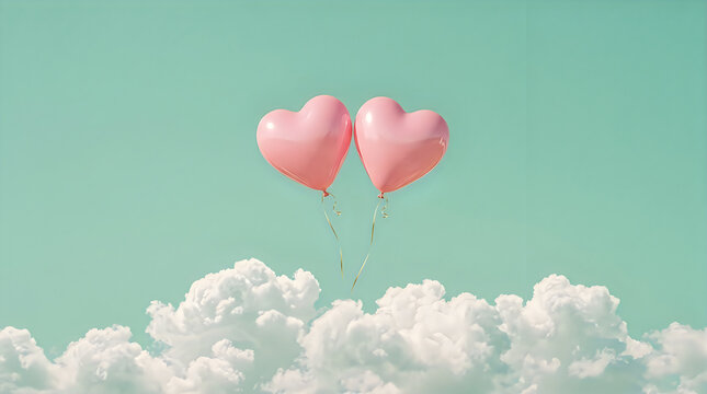 Two pink heart balloons floating in the blue sky above fluffy white clouds