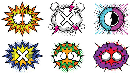 Comic Book Explosion Effect Set with Pop Art Speech Bubbles, Superhero Fight Symbols, Halftone Clouds, and Cartoon Action Elements © mstLilima